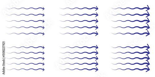 Vector Set of Blue Air Flow and Wind Direction Arrows for Ventilation and Motion Design