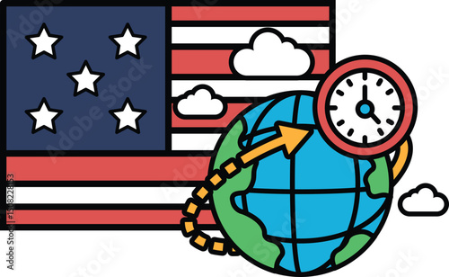 A cartoon of a clock pointing to the number 12 on a globe with the American flag