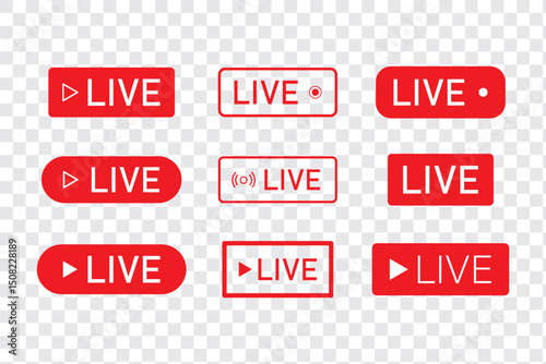 Live streaming set red icons. Play button icon vector