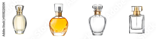Elegant perfume bottles in a variety of shapes and colors designed for luxury fragrance displays, featuring delicate glasswork and stylish designs that inspire beauty and allure in any setting. photo