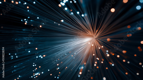 Intense burst of orange and blue light from fiber optic cables symbolizing rapid data transmission