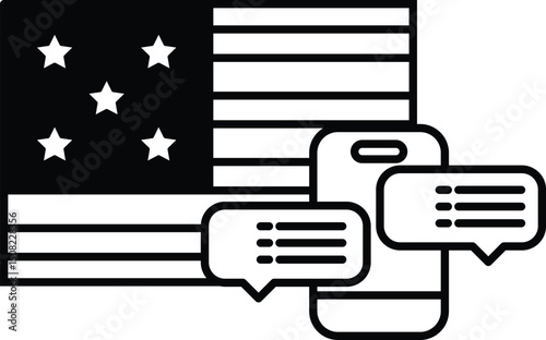 A black and white image of the American flag with a cell phone and a star