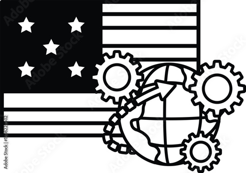 A black and white drawing of a flag with stars and a globe with gears