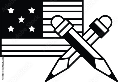 A black and white image of a pair of pencils and a flag
