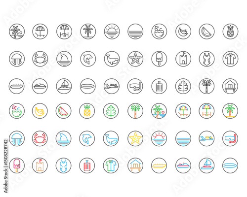 Beach Icons Linear Collection, ocean, jellyfish, palm, swimsuit, surf, scuba diving, Pixel Perfect Design Icon Line Color Pictogram Collection Vector illustration