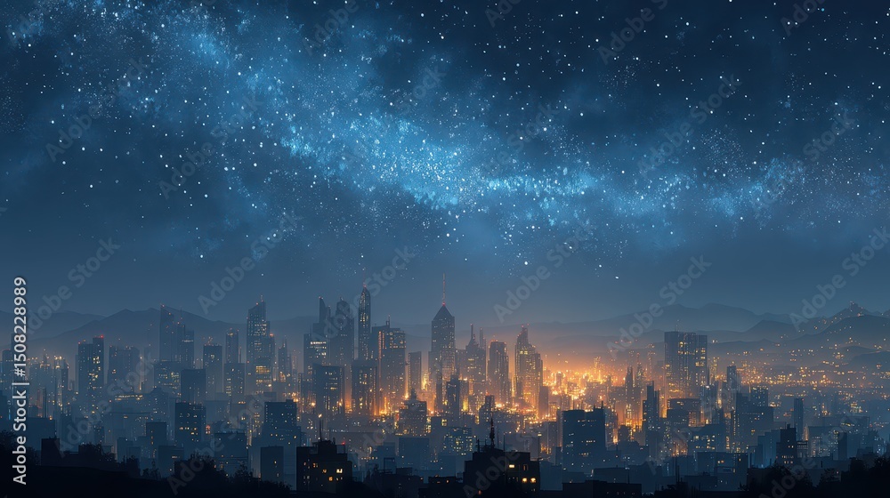 Fototapeta premium Brightly lit buildings dominate the skyline in the nighttime cityscape, while stars twinkle overhead. The atmosphere is alive with energy, reflecting the city's thriving nightlife and landscape