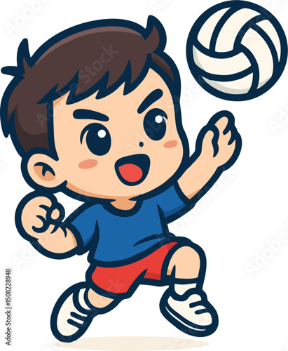 Volley Logo - Cartoon boy spiking volleyball with determination