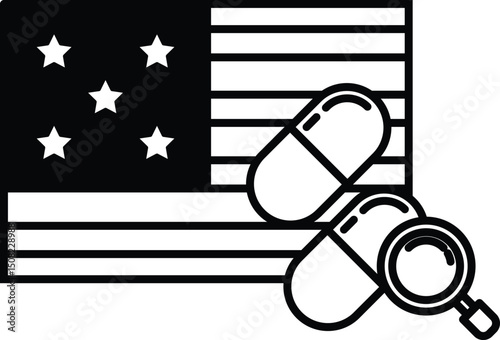The pill bottle is placed on the flag, and the stars on the flag are visible