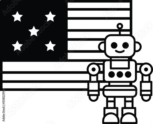 A robot stands in front of the American flag