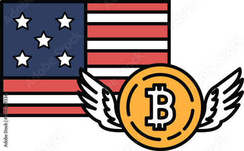 A coin with the letter B on it is shown above an American flag