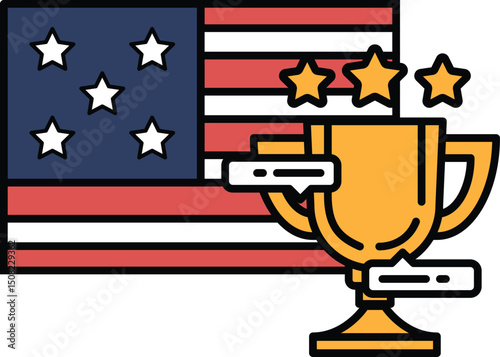 A patriotic flag with stars and stripes is next to a gold cup