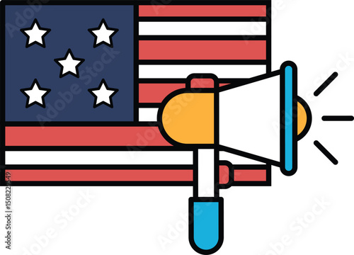 A large American flag with a microphone in front of it