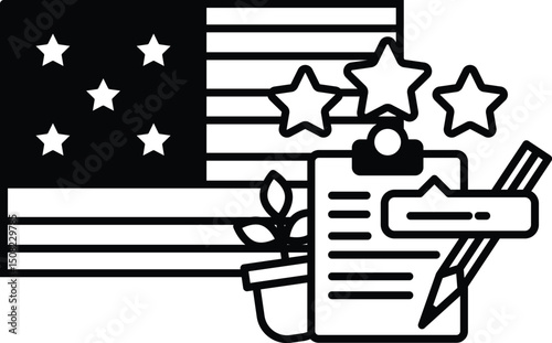 A black and white image of a star-filled American flag with a clipboard