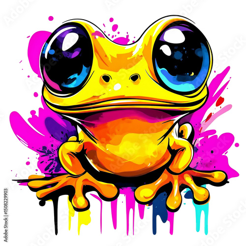 Bright yellow frog with vibrant colors and playful design against colorful splashes of paint