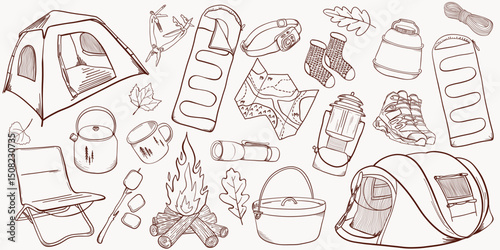 Camping Equipment Set. Line Art. Outdoor Adventure Collection. Camp Life Vector Illustrations. Tents, sleeping bags, hiking elements.