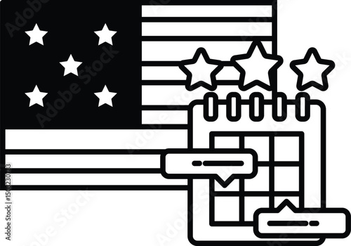A black and white drawing of the American flag with stars and stripes