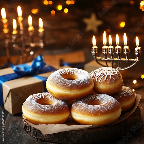 Sweet donuts and a menorah on a wooden table.