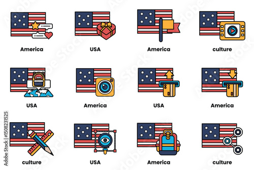 A set of American flags with various icons and symbols