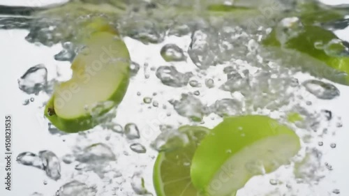 Fresh Green Apple and Lime Slices Splashing in Water