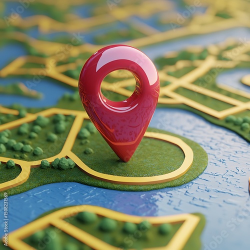 Detailed map marker on a stylized terrain.