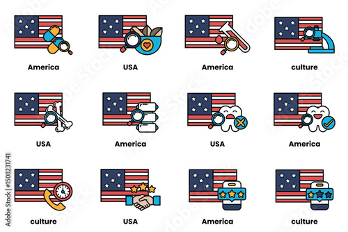 The image is a set of twelve different American flags