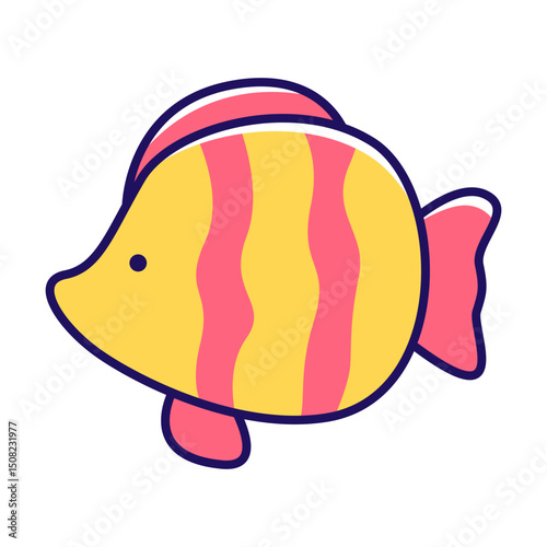 A playful, cartoonish fish, full of bright color, swims in the animated water, a cheerful sight.