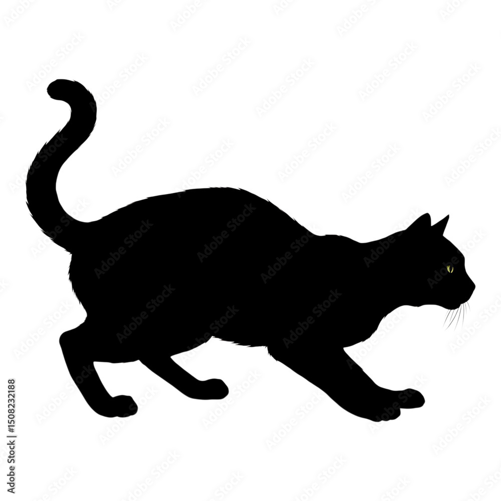 Obraz premium Black silhouette of running cat in action, side profile with tail up and stretched legs