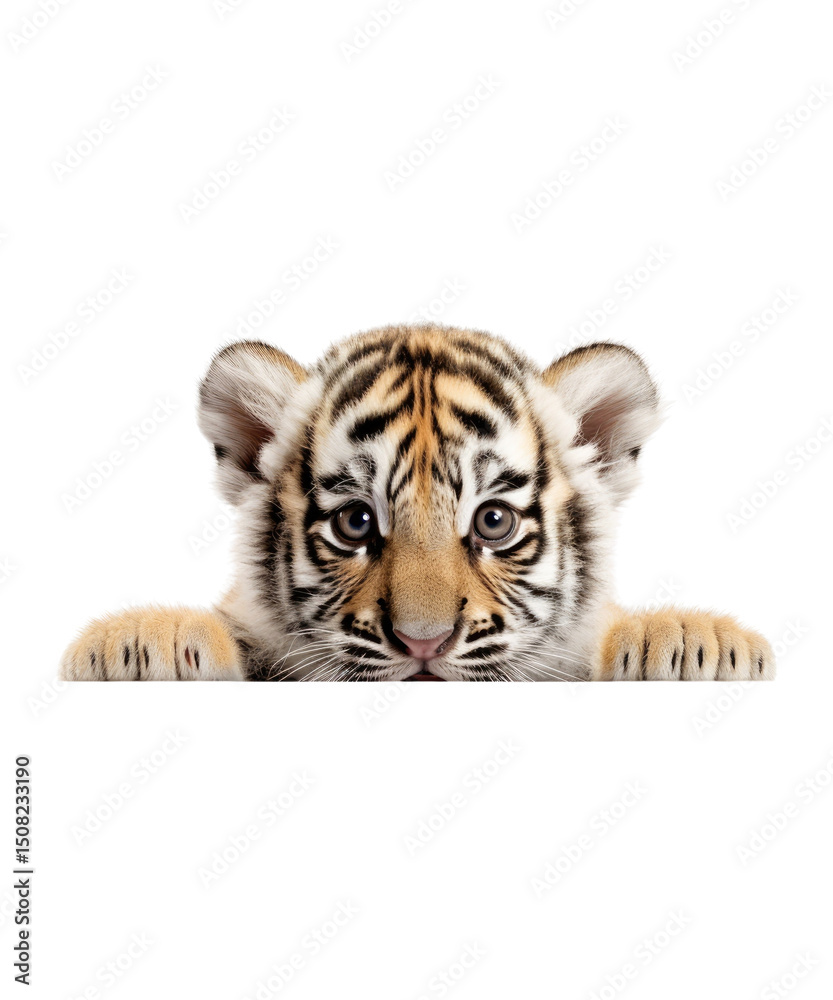 Obraz premium Regal bengal Peeking tiger with stripes on white background, a wildcat predator