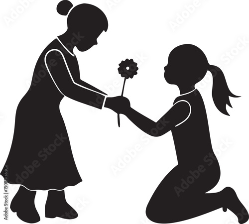 Gift of a Flower: A tender moment captured in silhouette, depicting one girl kneeling to receive a flower from another, symbolizing friendship, kindness, and care.