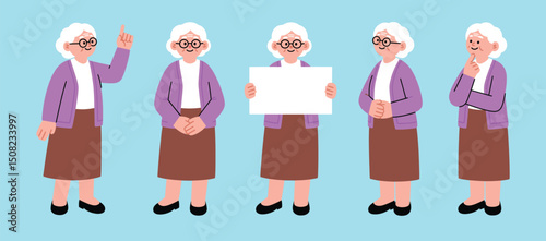 Vector illustration of elderly woman character in various poses with purple cardigan brown skirt holding blank sign isolated on bright blue background for senior concept