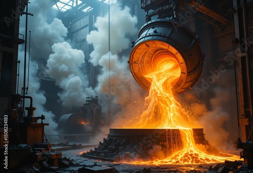 Molten metal pouring from furnace in an industrial steel foundry with smoke photo