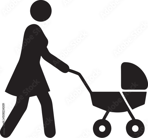 Mom's Stroll: A minimalist silhouette shows a mother on her walk with baby carriage, symbolizing the essence of family, care and Parenthood. 