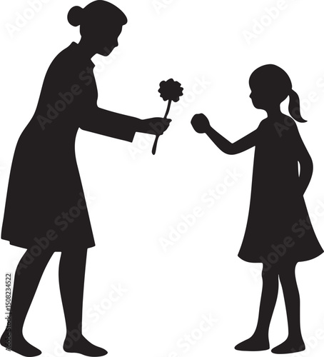 Silhouette of Giving: A heartwarming illustration of a mother and daughter exchange a flower, capturing the essence of tenderness and the joy of sharing.