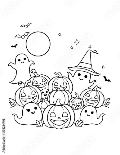 Cute Halloween Coloring Pages for Children with Ghosts and Pumpkins