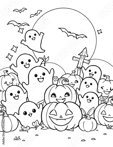 Cute Halloween Coloring Pages for Children with Ghosts and Pumpkins. Spooky line art for holiday.