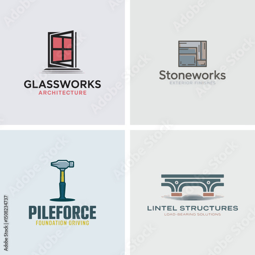 Architectural and construction logos featuring glassworks stoneworks pileforce and lintel structures in minimalist style