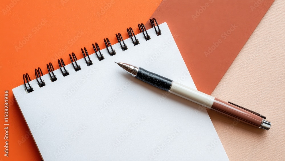 Blank notebook, pen on orange and beige background Blank notebook, pen on orange and beige background
