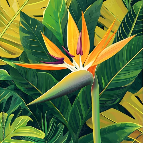 Vibrant bird of paradise flower amidst lush tropical foliage.