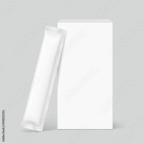 Blank three seal stick package bag with paperboard box mockups. Front view. Vector illustration isolated on grey background. Can be use for food, cosmetic, pharmacy and etc. EPS10.