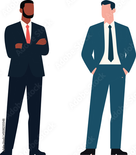 Confident diverse businessmen standing with arms crossed and hands in pockets, professional corporate attire, modern flat vector illustration