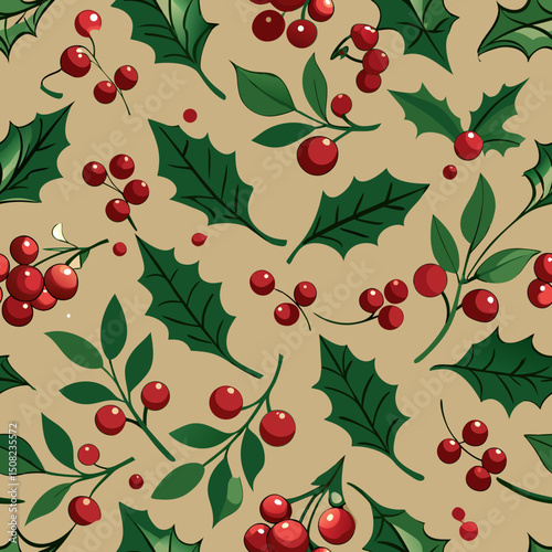Pattern of holly leaves and berries on beige background in seamless vector design  