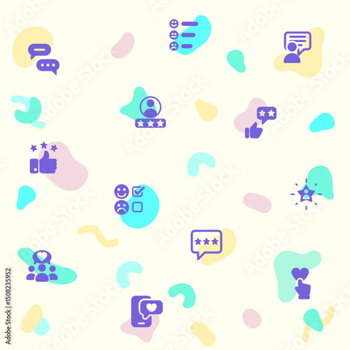 Vector illustration of a cute Review And feedback. Collection of customer, rating, star rating, chat, testimonials, survey, support, communication, sign and other elements. Isolated on beige.