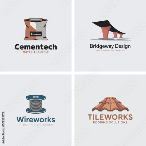 A collection of four distinct modern logos representing construction related businesses with clean and minimalist design elements.