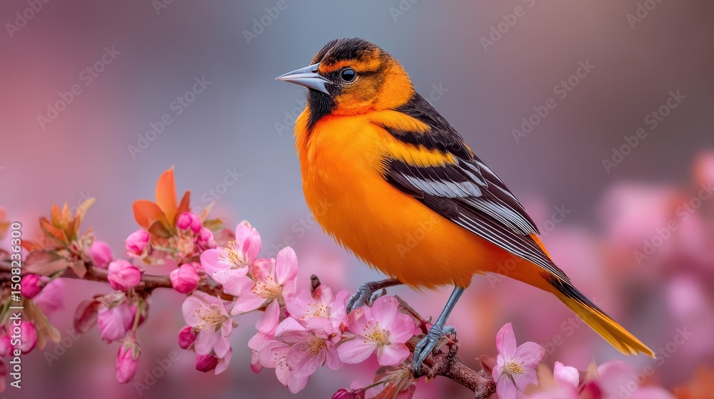 Fototapeta premium A Baltimore oriole showcases its striking orange and black plumage while perched on delicate pink cherry blossoms during a beautiful spring day filled with blooming flowers