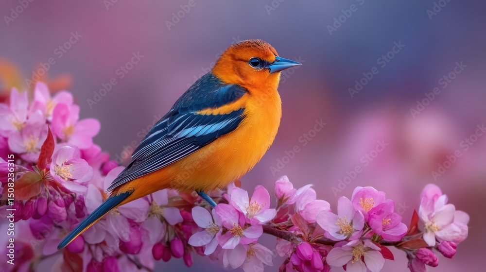 Obraz premium Bright Baltimore oriole sits gracefully among fresh spring blossoms, showcasing its striking orange and black plumage against a backdrop of soft pink flowers, embodying the beauty of the season