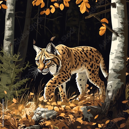 Lynx in a dark autumn forest.