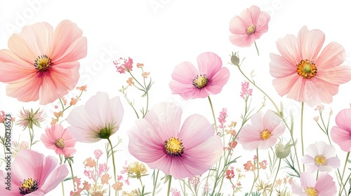 Beautiful seamless floral water color pattern Set, watercolor wild flowers, leaves and grass,Collection botanic garden elements, isolated illustration in rustic or vintage style,copy space.