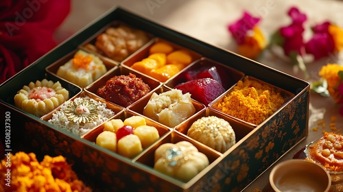 Assorted sweets in a decorative box.