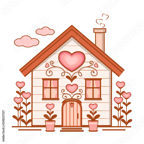 Cartoon cottage decorated with hearts and heart-shaped plants vector illustration