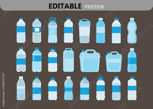 Collection of Vector Water Bottles and Containers in Various Shapes and Sizes for Hydration and Storage on a Brown Background